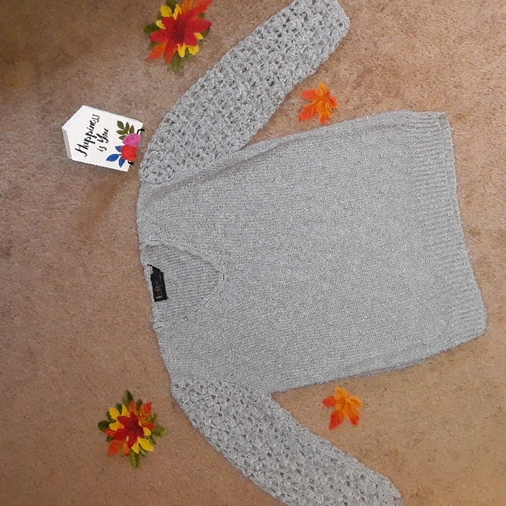 LeRoy (Size L) Gray Vintage V-Neck Cut Crochet LS Stretch Rib Trim Knit Sweater